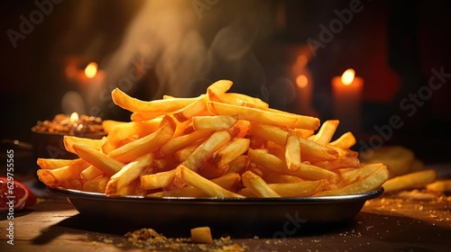 crispy french fries  crunchy  salty  tasty  with cinematic light and blur background