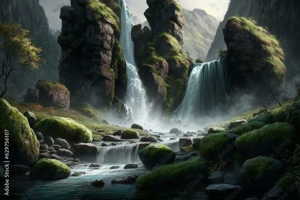 Daytime waterfall with mossy rocks in a grand landscape. Generative AI Daytime waterfall with mossy rocks in a grand landscape. Generative AI