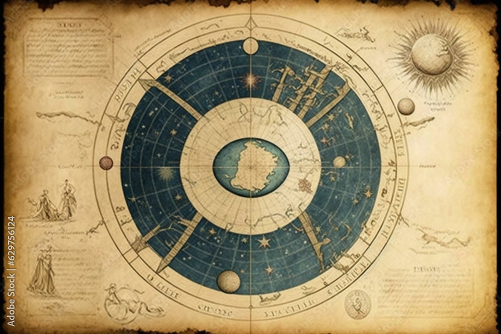 Antique sky map on parchment with celestial tools, representing knowledge, enigma, divination, cosmos. Generative AI