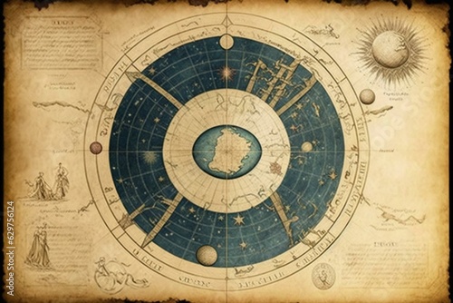 Antique sky map on parchment with celestial tools, representing knowledge, enigma, divination, cosmos. Generative AI