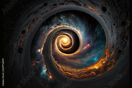 Journey through space to a spiral galaxy and its black hole. Generative AI