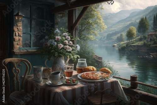 Morning meal on terrace beside flowing water. Generative AI