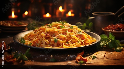 savory pasta, salty, with cut vegetables on a plate on a blurred background
