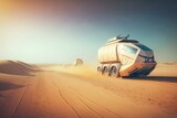 Autonomous robotic transport advancing on desert road in futuristic city. Generative AI