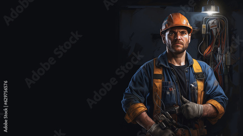 Portrait of an electrician in work clothes on a dark background with a place for the inscription © Kordiush