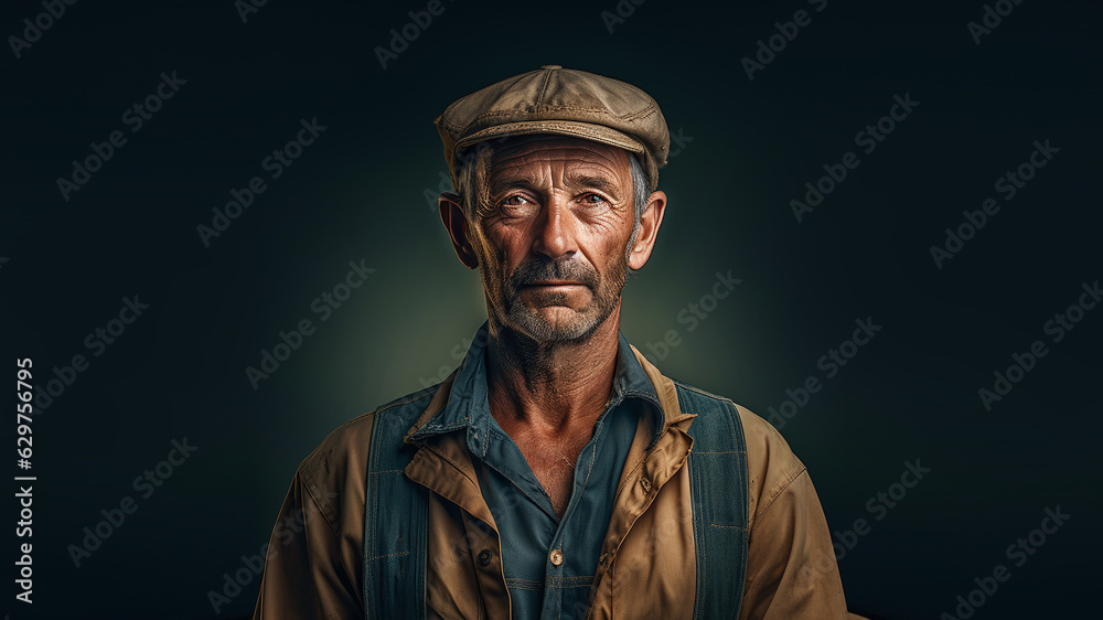 Portrait of a farmer in working clothes. Seamless dark background with space for text
