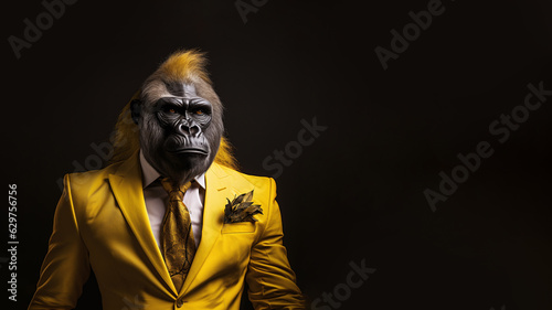 Elegantly dressed people with gorilla heads in yellow suits. on a uniform background