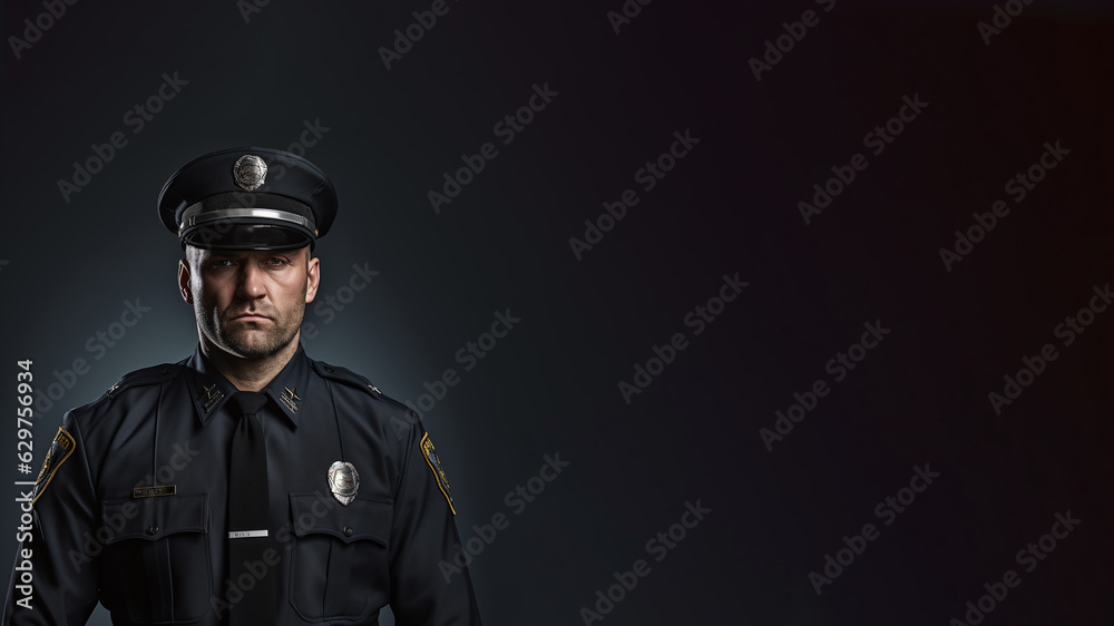 Portrait of a policeman in uniform. He is on the left side of the frame. Dark background with space for text Portrait of a policeman in uniform. He is on the left side of the frame. Dark background with space for text