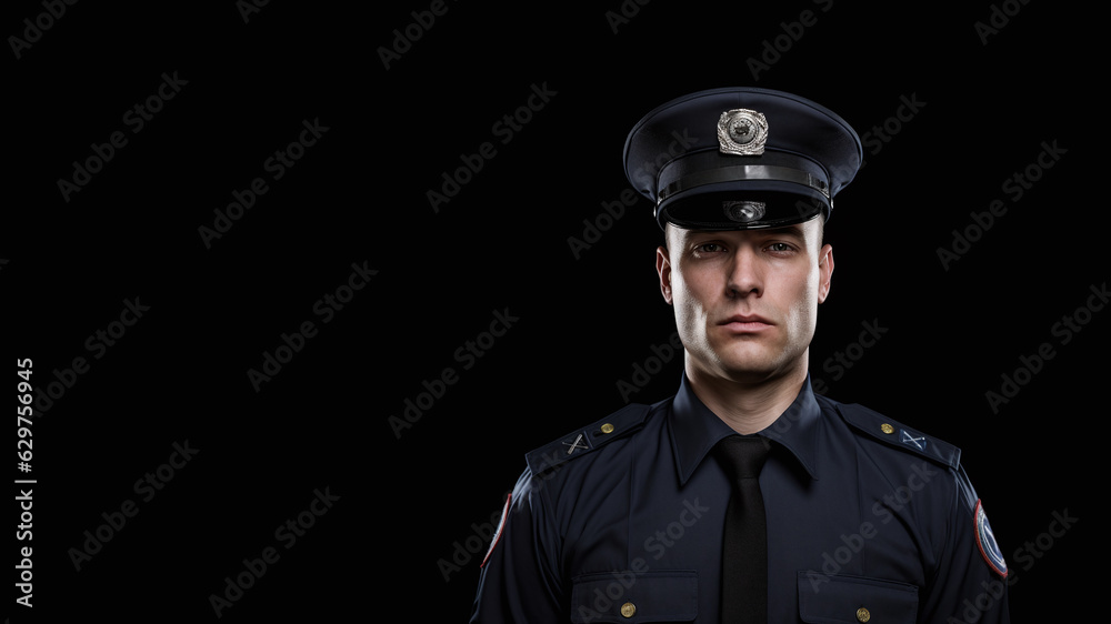 Portrait of a policeman in uniform. He is on the right side of the frame. Dark background with space for text