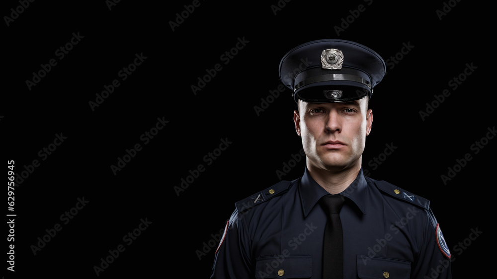 Portrait of a policeman in uniform. He is on the right side of the frame. Dark background with space for text Portrait of a policeman in uniform. He is on the right side of the frame. Dark background with space for text