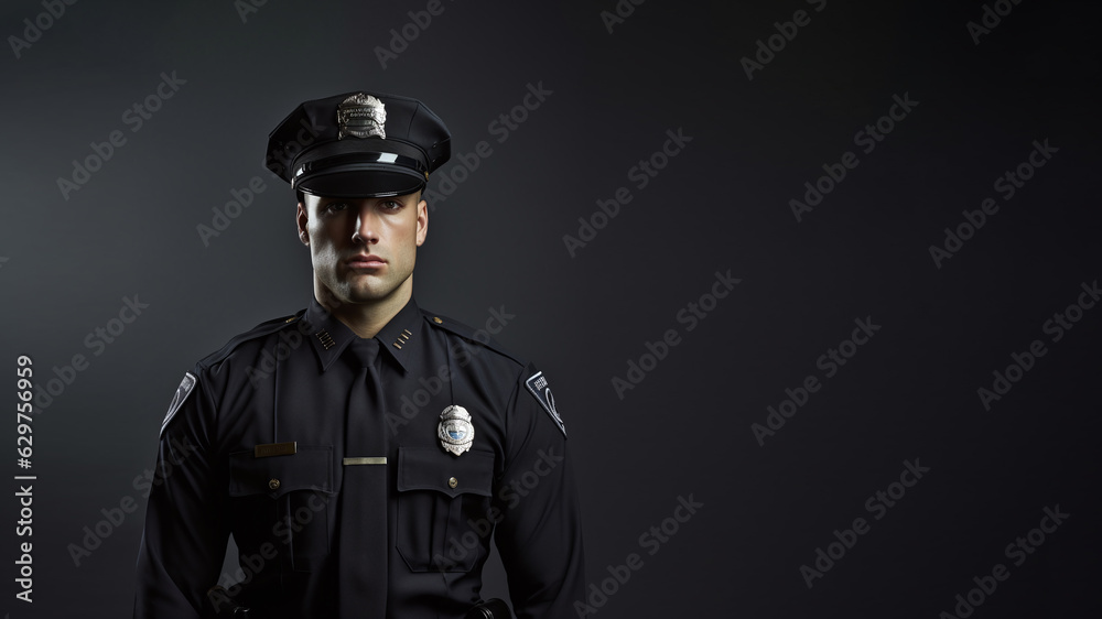 Portrait of a policeman in uniform. He is on the left side of the frame. Dark background with space for text Portrait of a policeman in uniform. He is on the left side of the frame. Dark background with space for text