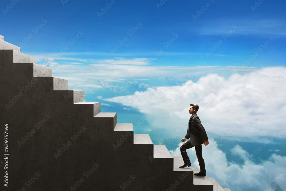 Business man climbing stairs in blue sky 3d illustration Business man climbing stairs in blue sky 3d illustration
