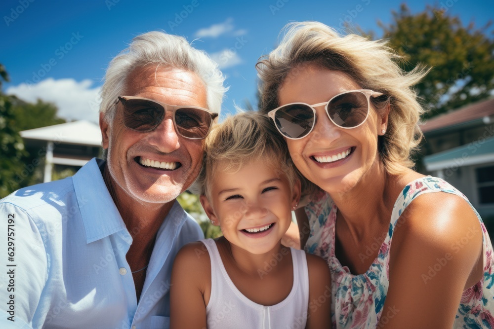Grandfather and grandmother were happy to meet their granddaughter in front of their suburban home. Grandparents spend the weekend with the children. Grandfather and grandmother were happy to meet their granddaughter in front of their suburban home. Grandparents spend the weekend with the children.