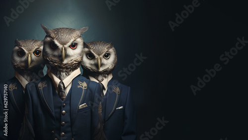 Elegantly dressed characters with owl head and space for text