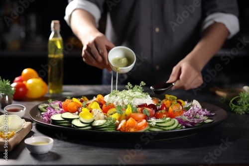 Photo of a person preparing a fresh and colorful salad on a plate created with Generative AI technology