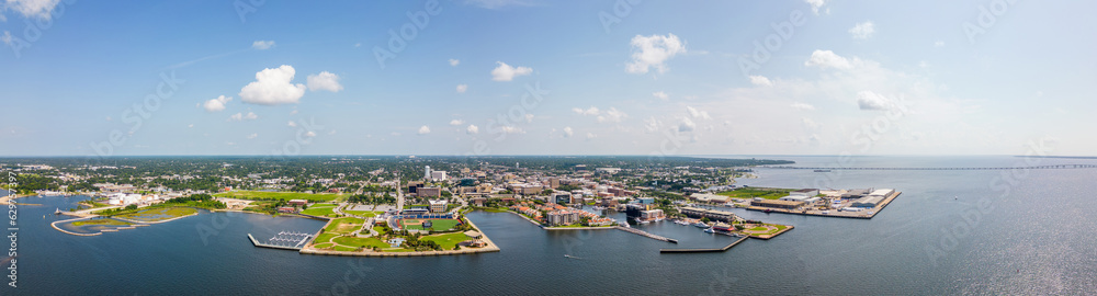 Aerial panorama Downtown Pensacola waterfront bay view