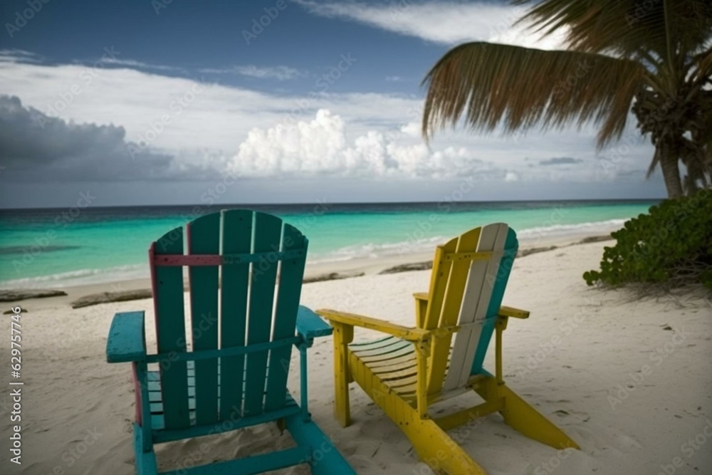 Empty beach chairs on Caribbean shore. Generative AI