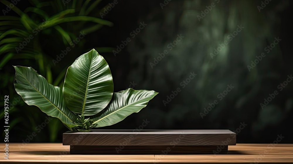 podium for product stand or display with plant background and cinematic light, front view podium for product stand or display with plant background and cinematic light, front view
