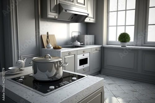 Gray-white kitchen with induction stove and sink. Generative AI