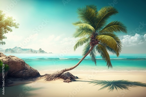 Gorgeous palm tree on idyllic beach, promoting serenity and calmness. Generative AI