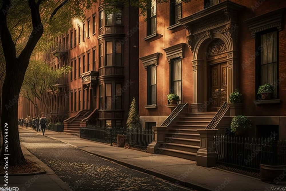 Brownstone buildings line a deserted Greenwich Village sidewalk in NYC. Generative AI