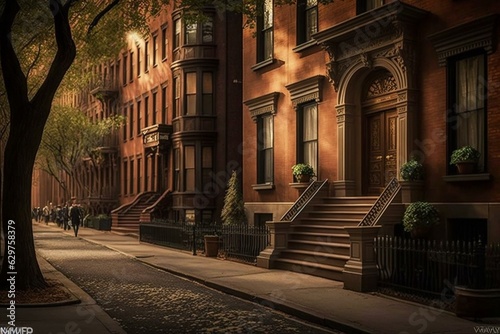 Brownstone buildings line a deserted Greenwich Village sidewalk in NYC. Generative AI © Arnav