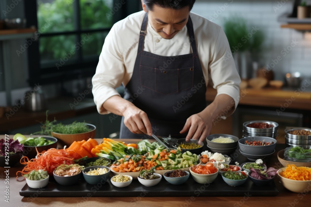 Photo of a man cooking and preparing food on a table created with Generative AI technology Photo of a man cooking and preparing food on a table created with Generative AI technology