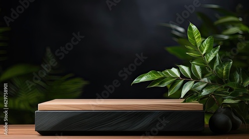 podium for product stand or display with plant background and cinematic light, front view