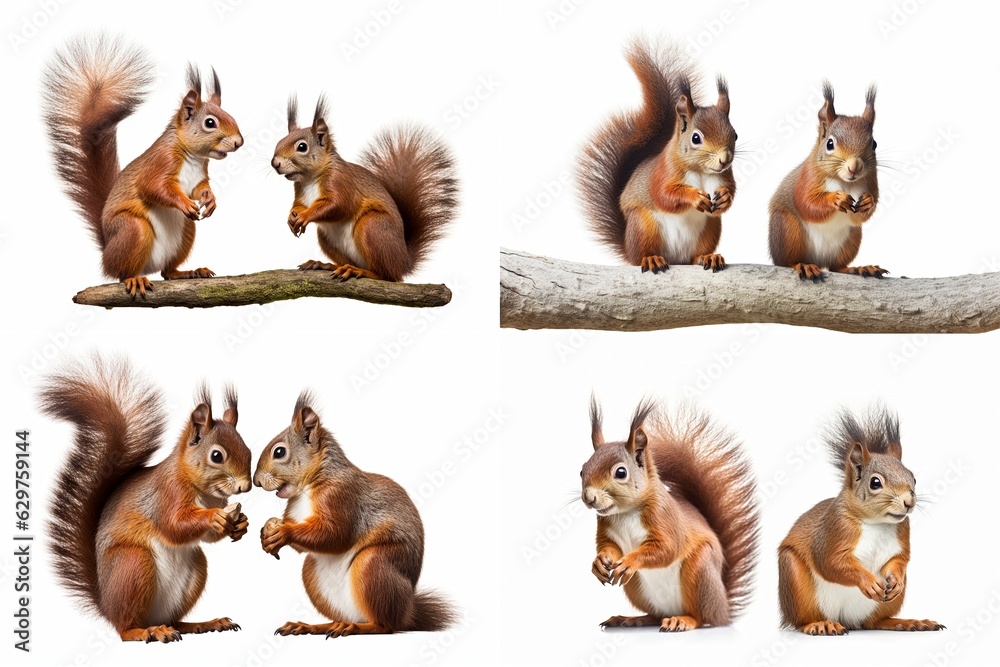 set of squirrels isolated on white background.