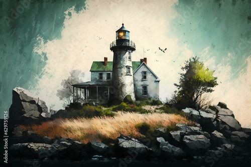 Landscape art with lighthouse depicts impressionist style inspired by ants. Generative AI