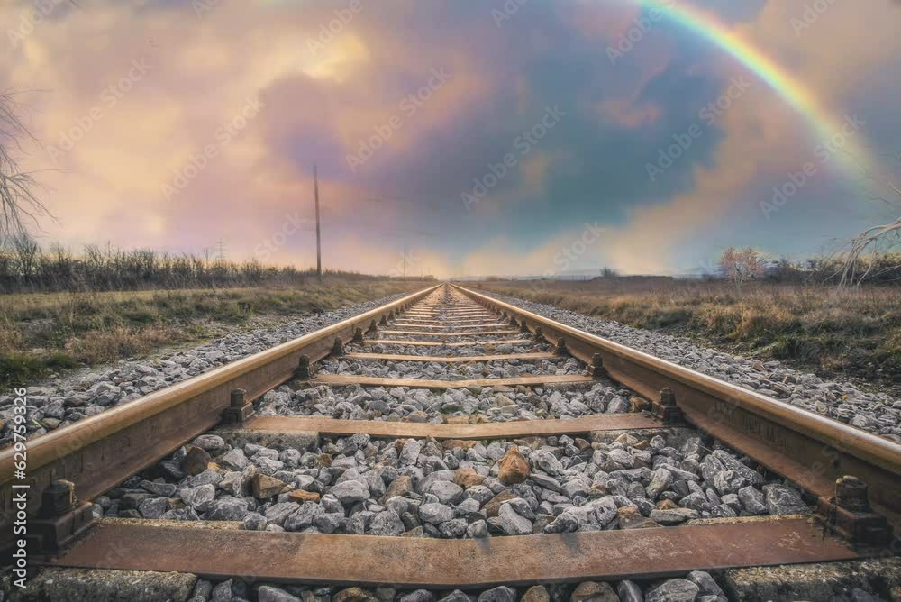Train Tracks Railway In The Countryside With Rainbow and Rolling Clouds
