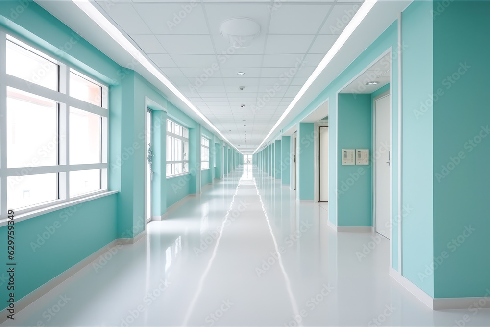 Long hospital bright corridor with rooms and seats