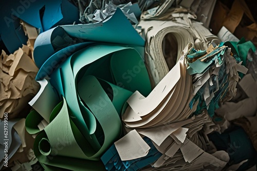 Pile of reclaimed paper and plastic for recycling. Generative AI