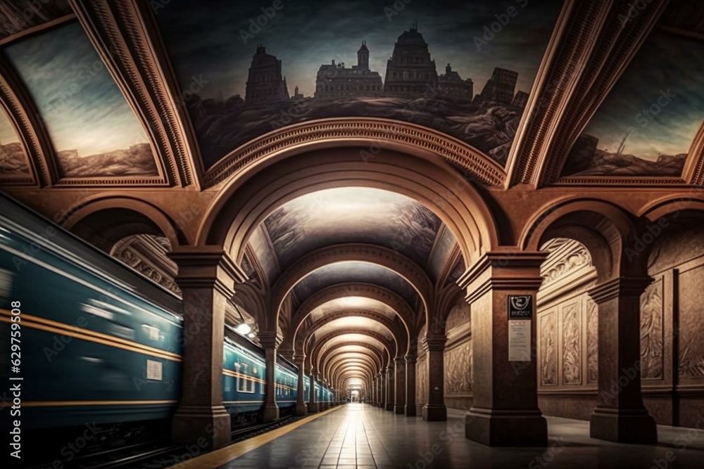 Timelapse of trains at the gorgeous subway stop of Royal Ontario Museum. Generative AI
