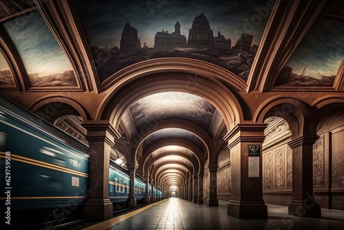 Timelapse of trains at the gorgeous subway stop of Royal Ontario Museum. Generative AI