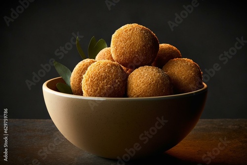 Bowl of tasty croquettes from a side angle. Generative AI