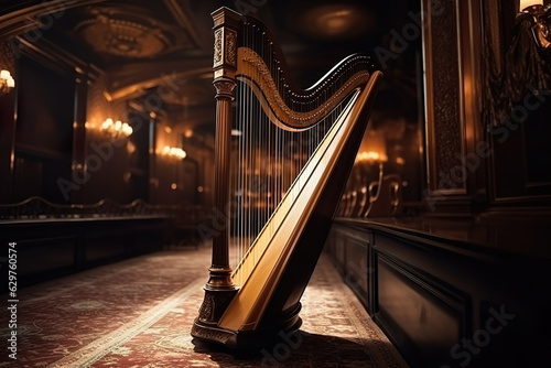 Large harp with its golden strings gleaming in a luxurious concert hall. Old stringed musical instrument. Orchestra harp in Philharmonic. Realistic 3D illustration. Generative AI photo