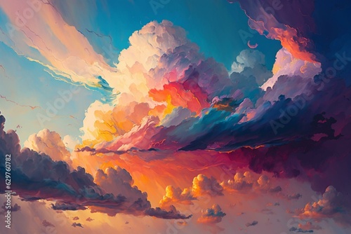 A painting of a colorful sky with clouds and a white background. Generative AI