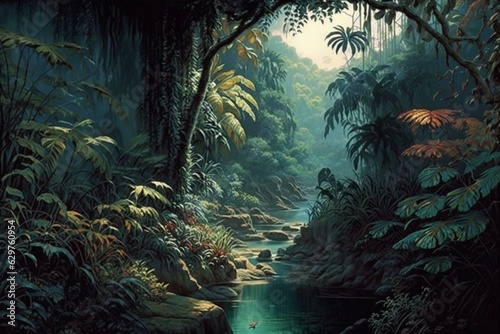 A shimmering rainforest dream wallpaper. Generative AI © Dante