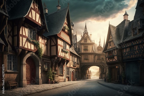 Main street of a castle town. Generative AI
