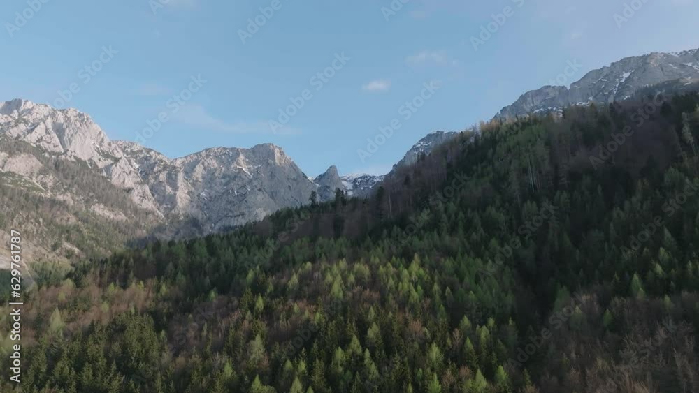 Drone Shot, Landscape of Austrian Alps, Peaks and Conifer Forest on Sunny Day in Upper Austria Drone Shot, Landscape of Austrian Alps, Peaks and Conifer Forest on Sunny Day in Upper Austria