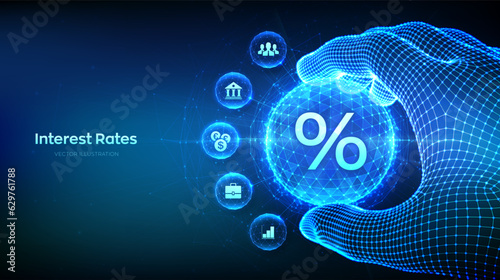 Interest rate dividend concept in the shape of polygonal sphere with percentage symbol in wireframe hand. Interest rates continue to increase, return on stocks and mutual funds. Vector illustration.
