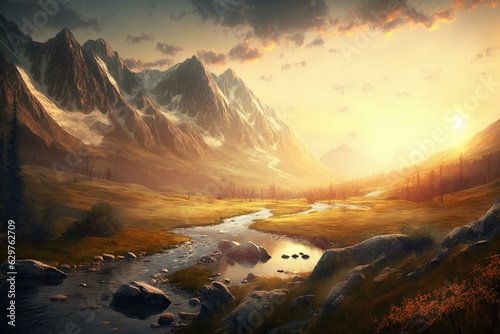 Mountain valley at sunrise, natural summer landscape. Generative AI © Melisande