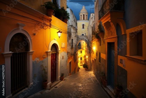 Night lights illuminate Procida's street. Generative AI