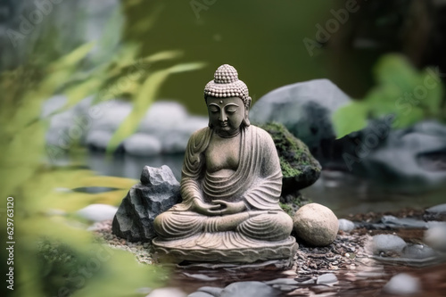 A Buddhist statue at a small lake in a zen garden created with Generative AI technology