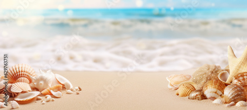 Tropical Beach with Shells. Summer Abstract Background © LadyAI