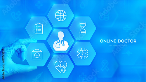 Online Doctor consultation. Online healthcare and medical advise. Hand in blue glove places an element into a composition with medical icons visualizing Telemedicine. E-health. Vector illustration.