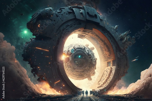 Foto A heavy armored battle cruiser spaceship arrives through a giant mechanical portal in outer space
