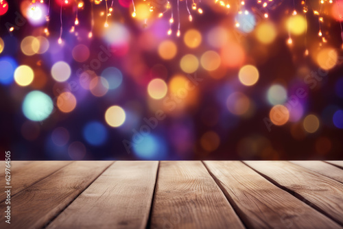  Blurred Festive Digital Abstract Background with Empty Wooden Table on a Foreground