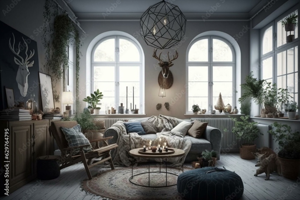 A cozy living space with scandinavian decor. Generative AI